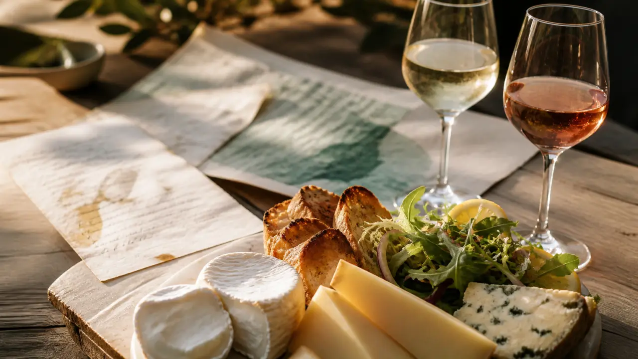 Accord mets vins : plateau de fromages et verres de vin blanc et rosé, Marseille