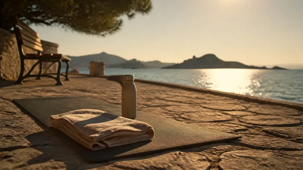 Activités bien-être marseille : tapis de yoga sur la promenade au bord de la Méditerranée