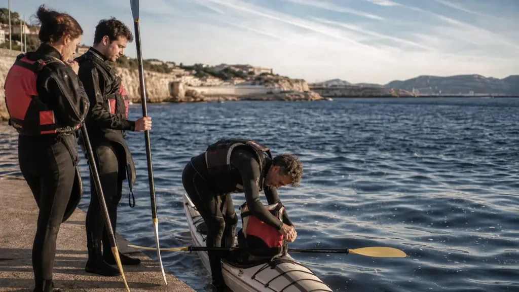 Activités nautiques Marseille : moniteur aide des débutants sur un kayak en eau calme
