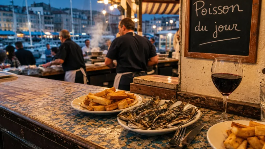 Anthony Bourdain Marseille restaurants : table, poisson du jour et vin rouge au Vieux-Port