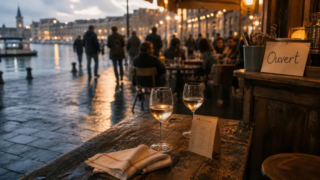 Bar marseille en terrasse au Vieux-Port, enseigne Ouvert