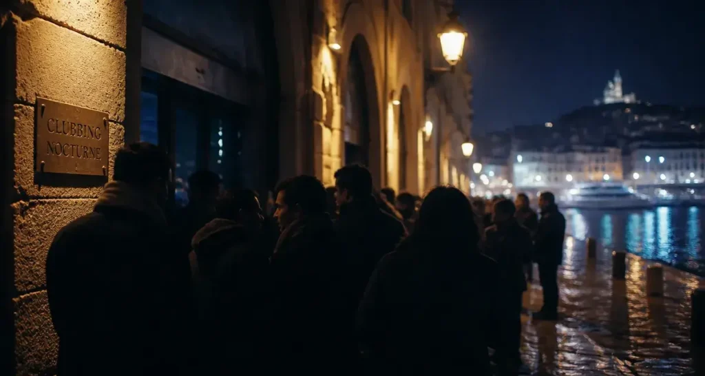 Boite de nuit marseille vieux port : foule devant une entrée de club