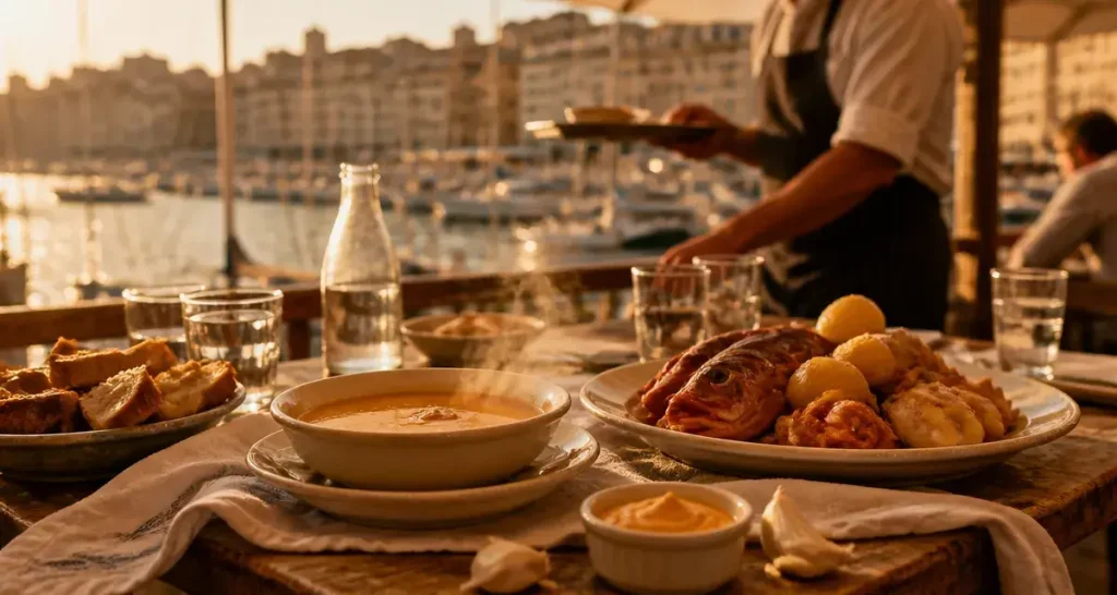 Bouillabaisse à Marseille au Vieux-Port, bouillon safrané fumant en restaurant