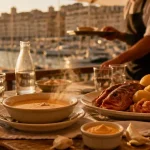 Bouillabaisse à Marseille au Vieux-Port, bouillon safrané fumant en restaurant