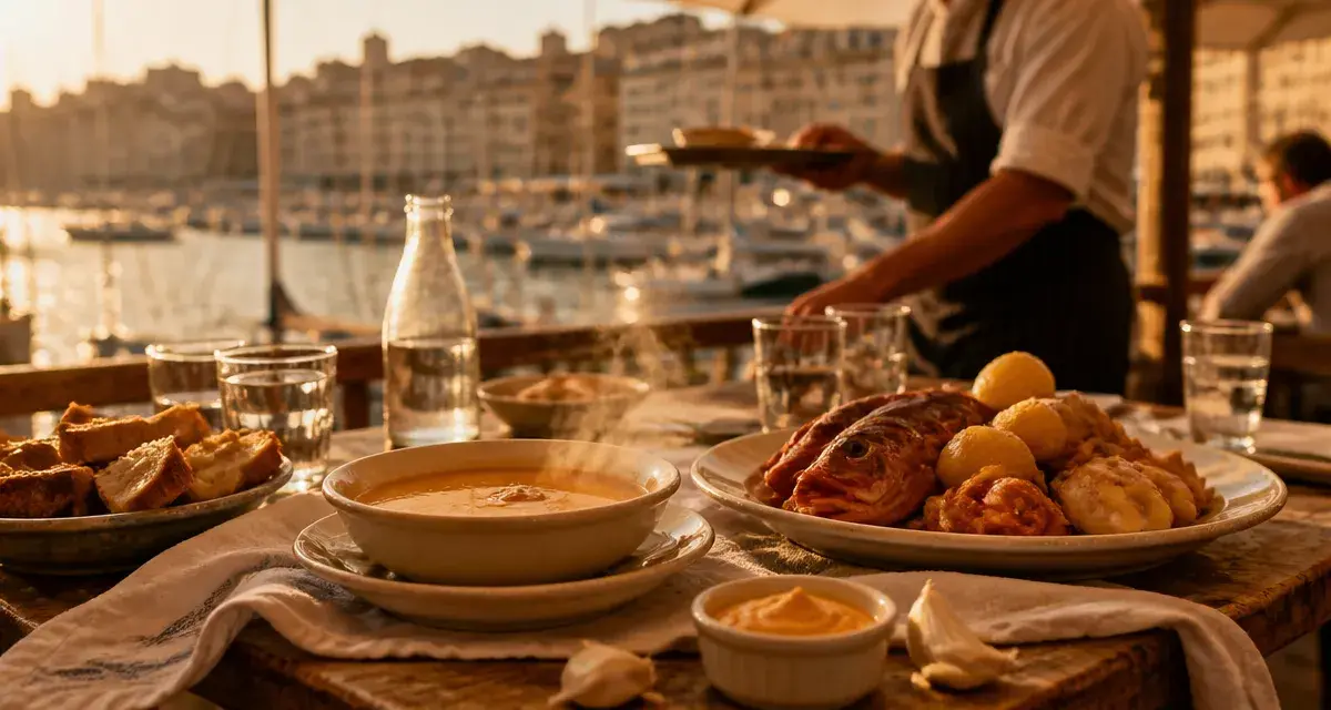 Bouillabaisse à Marseille au Vieux-Port, bouillon safrané fumant en restaurant