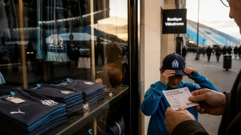 Boutique OM Stade Vélodrome : vitrine de maillots et ticket de visite