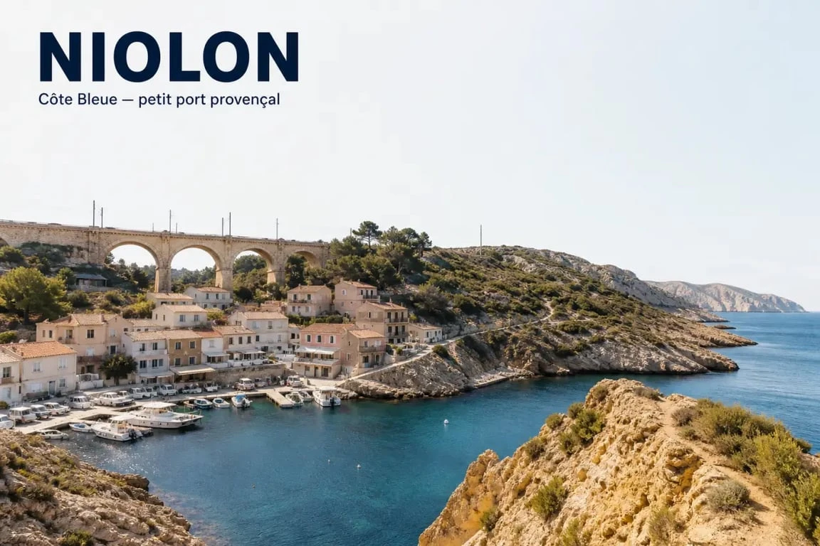 Calanque cote bleue à Niolon avec petit port et viaduc