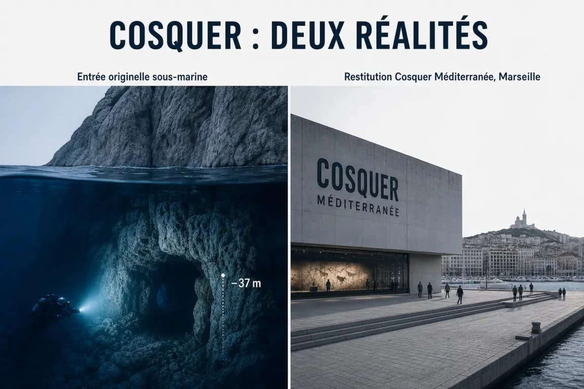 Entrée grotte Cosquer : comparaison entre l’accès sous-marin originel et la visite à Cosquer Méditerranée à Marseille