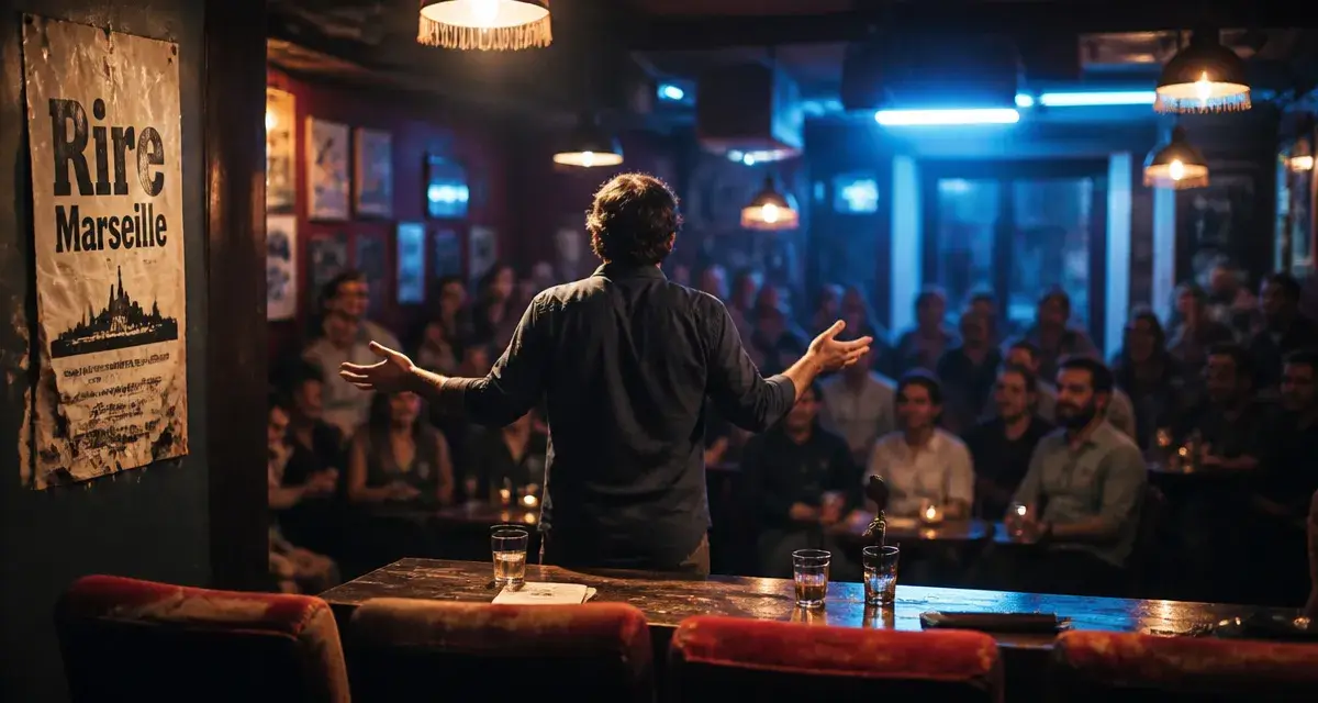 Humoristes Marseille sur scène dans un café-théâtre, public attentif
