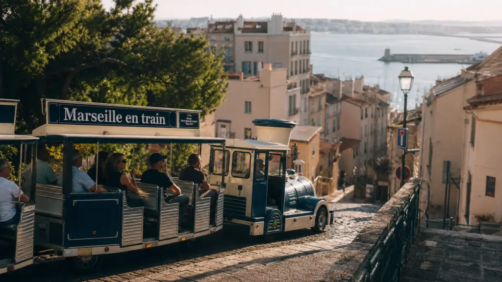 Les petits trains de Marseille montent vers Notre-Dame depuis le Vieux-Port