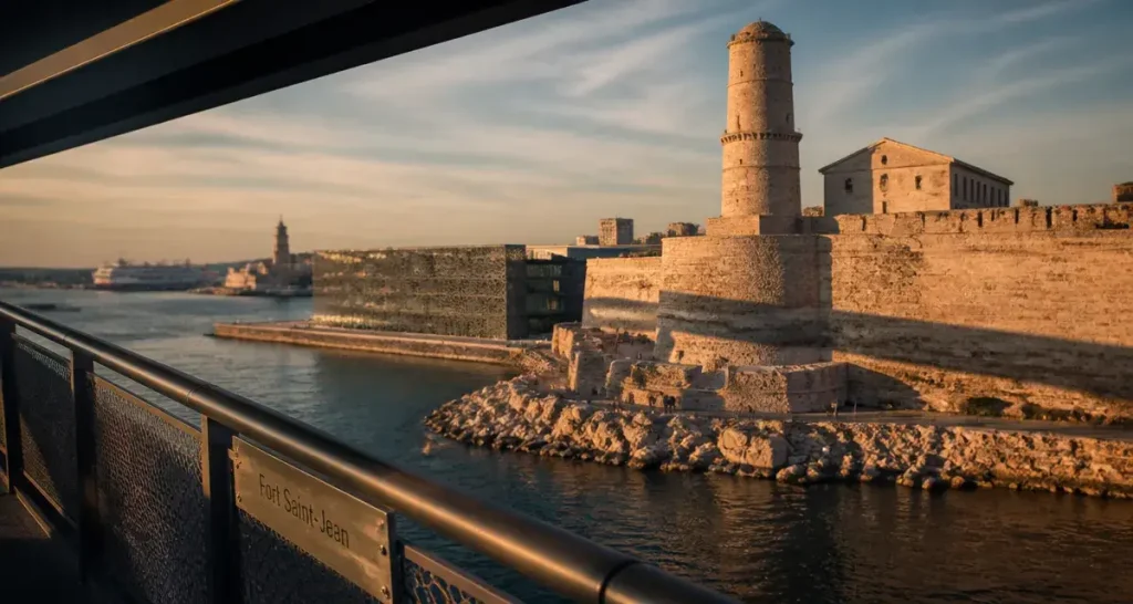 Marseille fort saint jean : vue du Fort Saint-Jean depuis une passerelle moderne