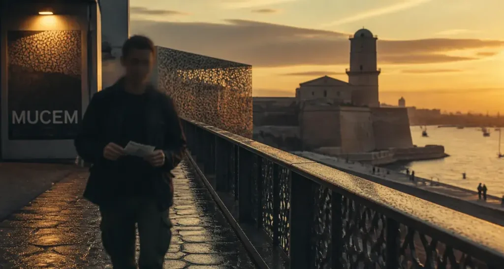 Passerelle du Mucem au coucher du soleil, vue du musée des civilisations de l'europe et de la méditerranée