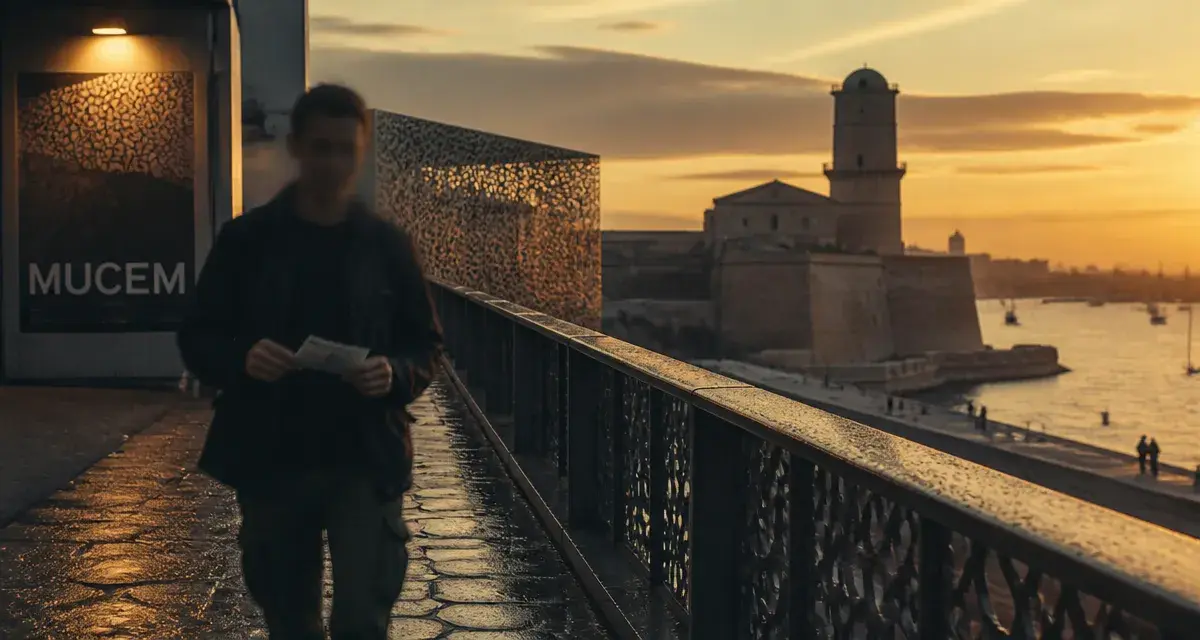 Passerelle du Mucem au coucher du soleil, vue du musée des civilisations de l'europe et de la méditerranée