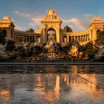 Palais Longchamp, fontaine centrale à l’heure dorée