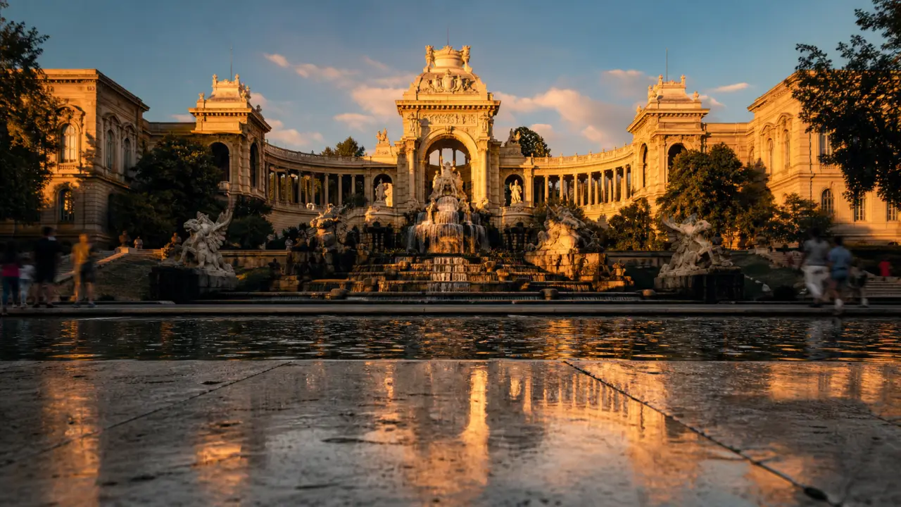 Palais Longchamp, fontaine centrale à l’heure dorée
