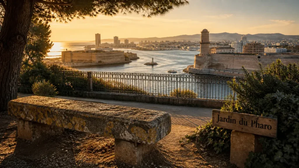 Parc a visiter marseille : Jardin du Pharo, banc et pins, vue sur le Vieux-Port
