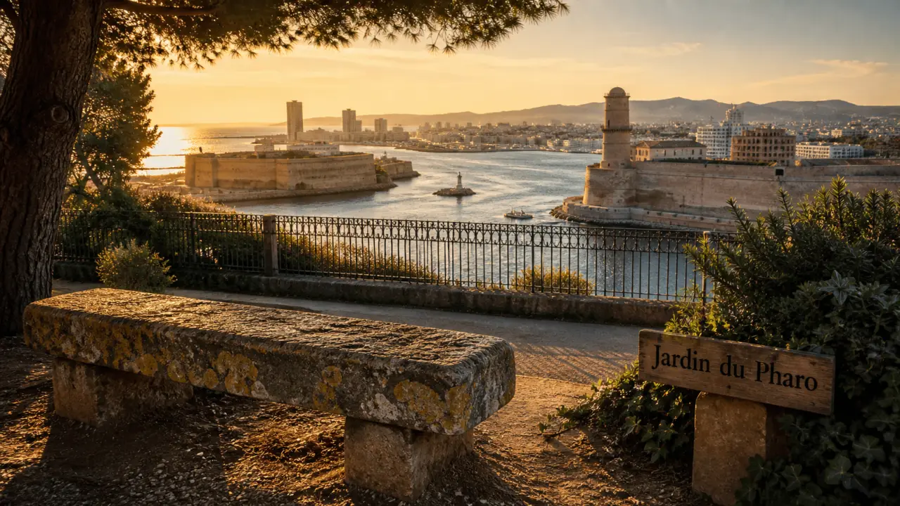 Parc a visiter marseille : Jardin du Pharo, banc et pins, vue sur le Vieux-Port
