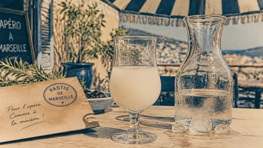 Pastis marseille trouble au froid, verre tulipe et glaçons