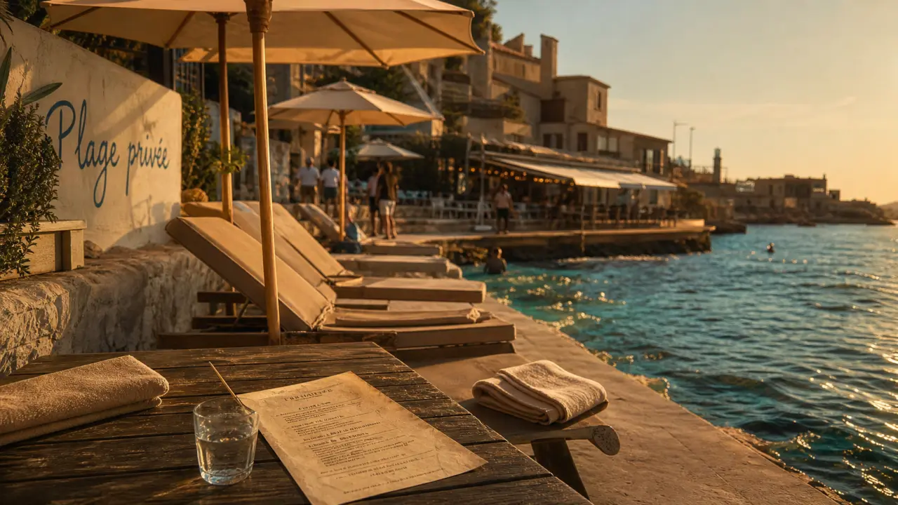 Plage privée marseille : transats et parasols au bord de la mer, restaurant