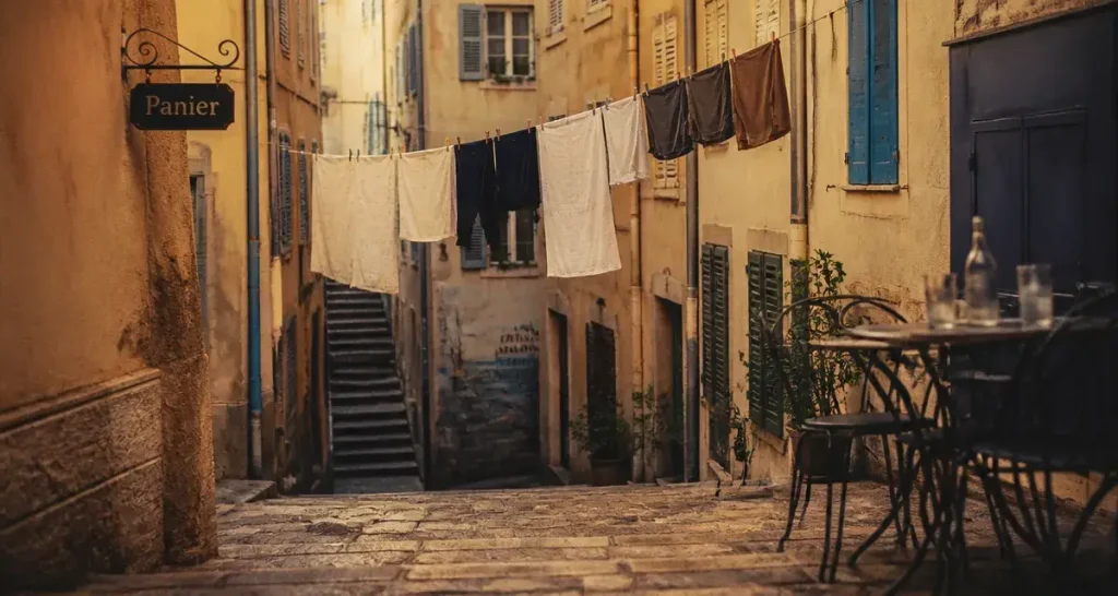 Quartier panier marseille : ruelle avec linge, terrasse de café et panneau “Panier”