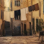 Quartier panier marseille : ruelle avec linge, terrasse de café et panneau “Panier”