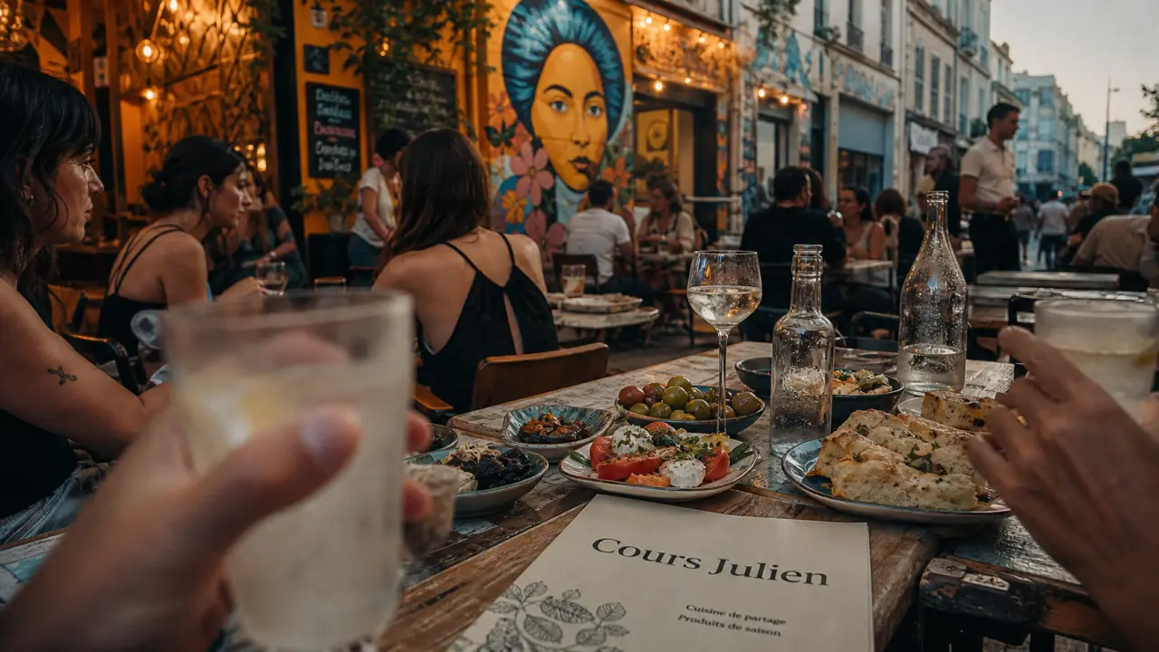 Restaurant cours julien : terrasse animée avec tapas et verres