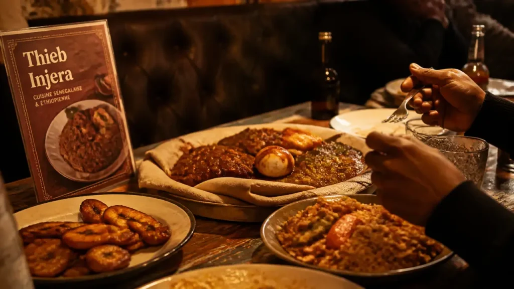 Restaurants africains : thieb & injera, table et assiettes au restaurant à Paris