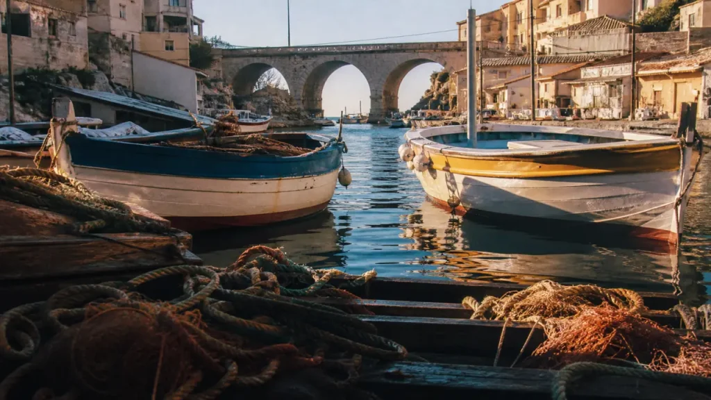 Vallon des Auffes, port avec pont et pointus