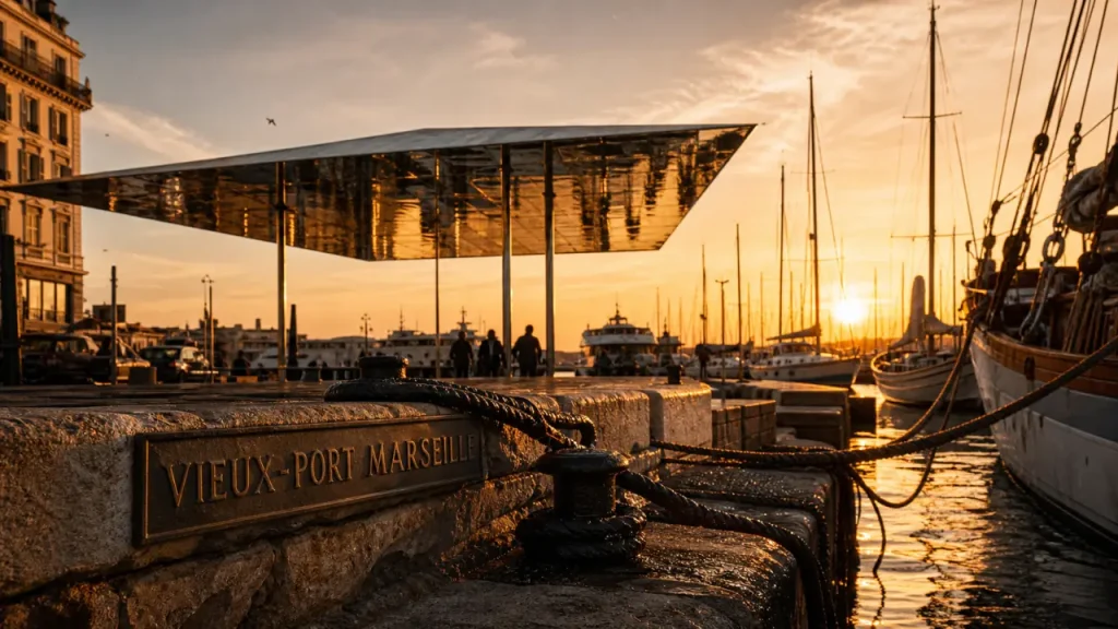 Golden hour au vieux port marseille, Ombrière et voiliers