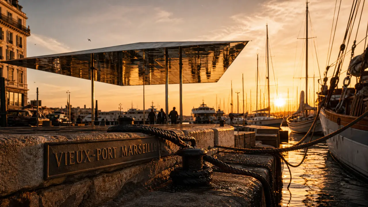 Golden hour au vieux port marseille, Ombrière et voiliers