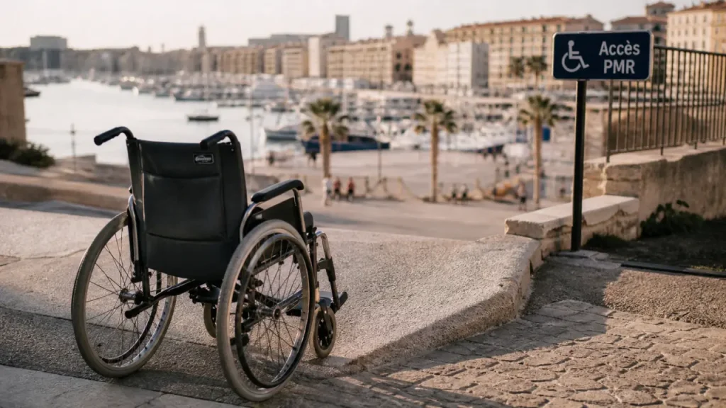 Visiter Marseille en fauteuil roulant : fauteuil près d’un accès PMR vers le Vieux-Port