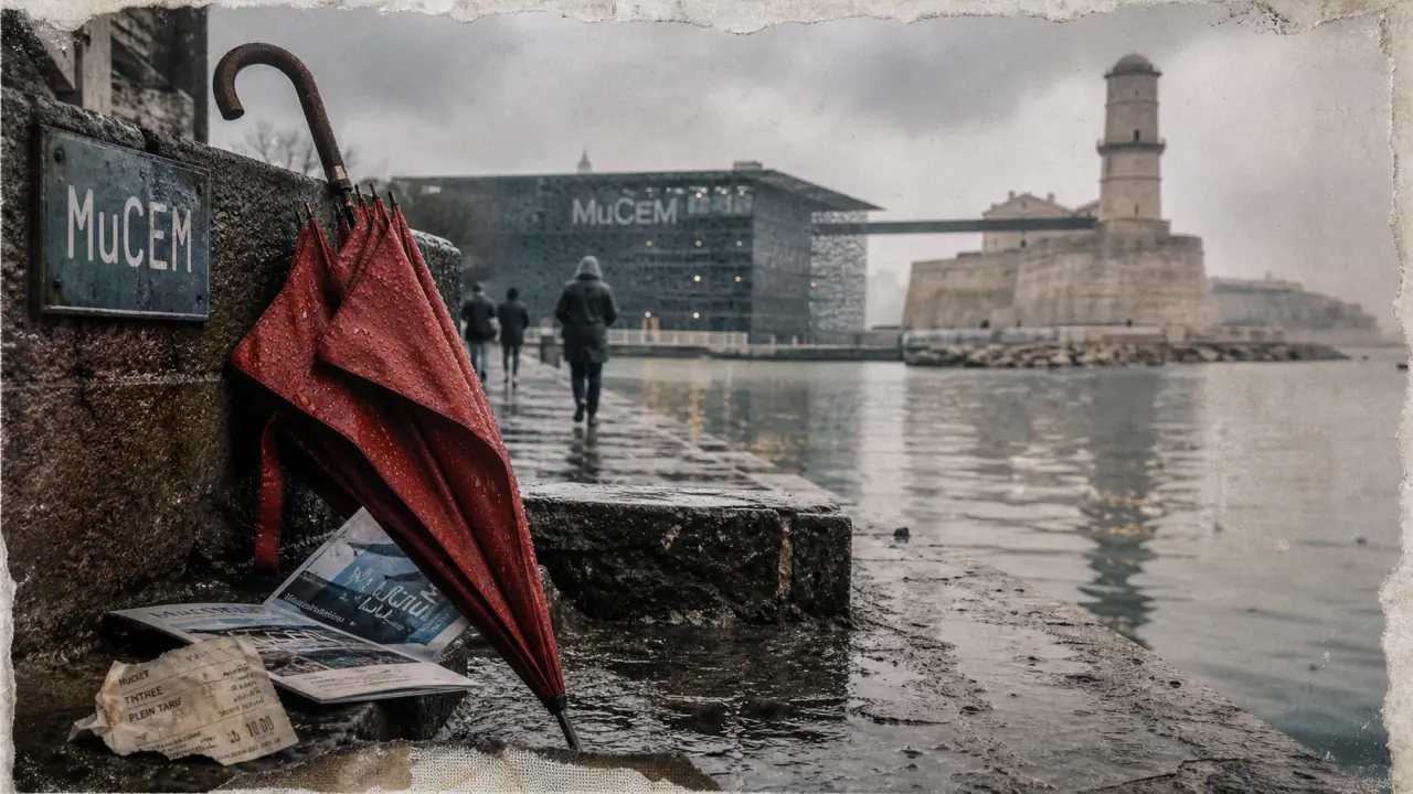 Visiter marseille sous la pluie : parapluie rouge, MuCEM et fort Saint-Jean dans la brume