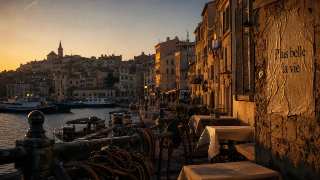 Visiter plus belle la vie marseille : Vieux-Port vers le Panier au golden hour