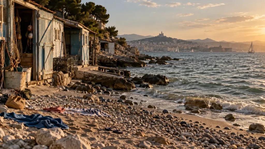 Bain des dames à Marseille : petite plage, cabanons et eau de Méditerranée