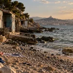 Bain des dames à Marseille : petite plage, cabanons et eau de Méditerranée