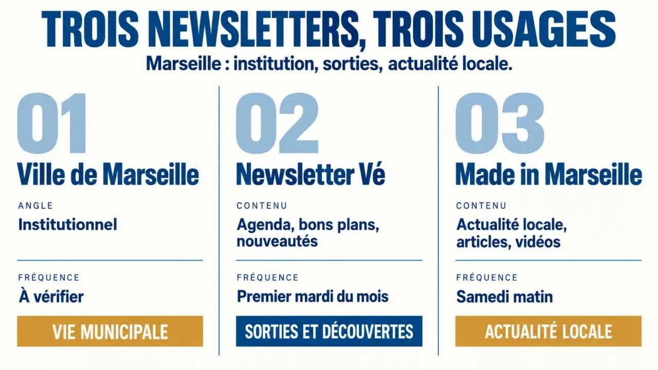 Infographie comparative des newsletters Marseille : Ville de Marseille, newsletter Vé et Made in Marseille