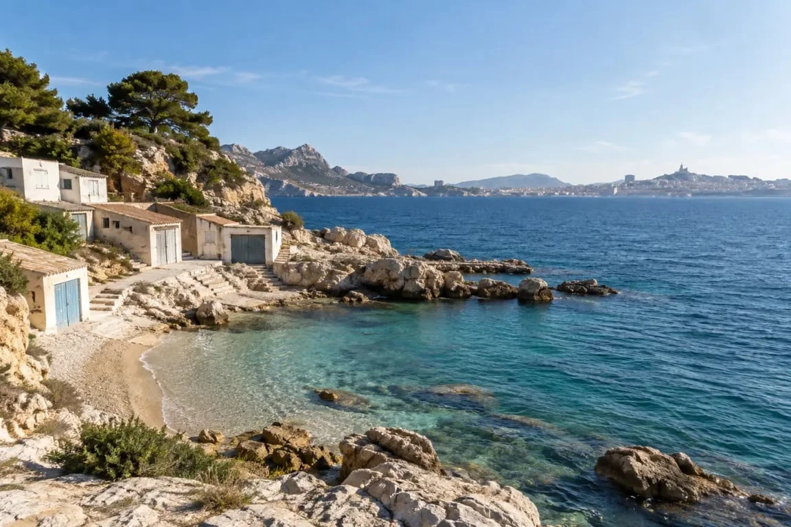 Bain des Dames à Marseille avec cabanons, galets et vue sur la rade