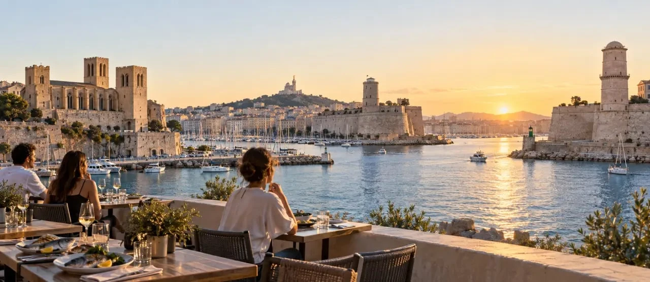 Le Poulpe St Victor Yellow Fish Bar avec vue sur le Vieux-Port de Marseille au coucher du soleil