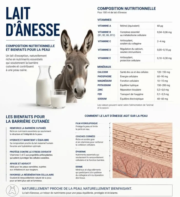 Infographie des bienfaits du lait d'ânesse pour la peau dans la savonnerie L'Âne en culotte