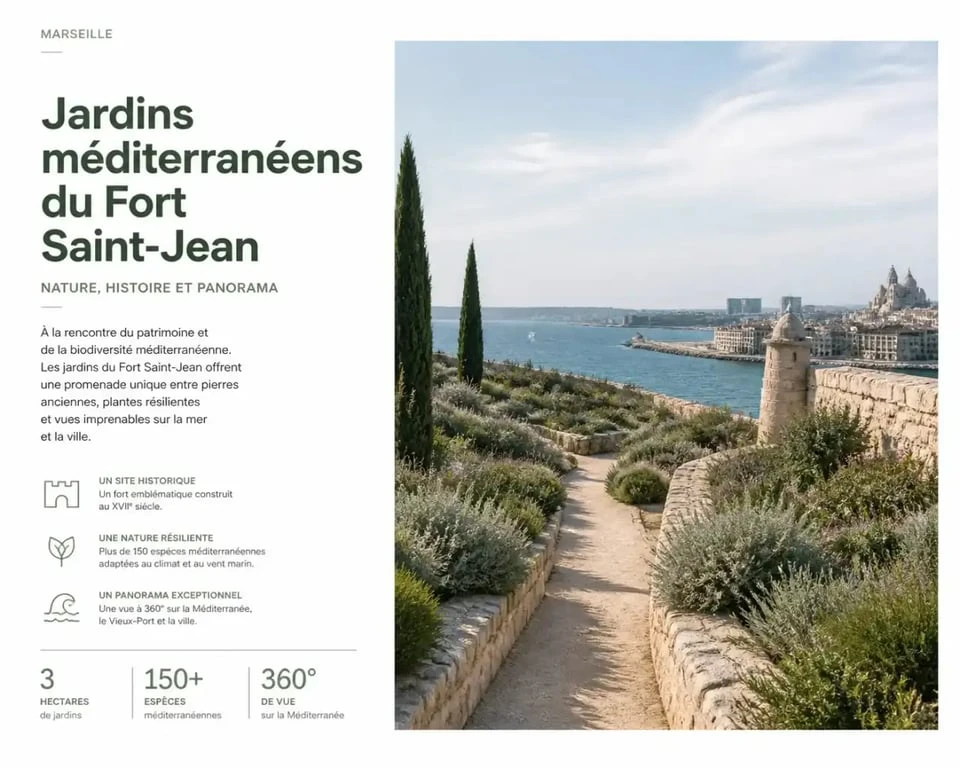 Jardins méditerranéens du Fort Saint-Jean à Marseille avec vue sur la mer