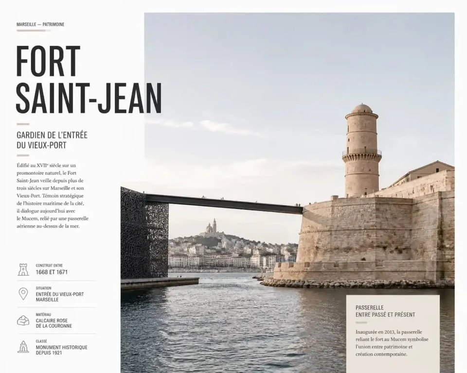 Fort Saint-Jean à Marseille vu depuis le Vieux-Port avec la passerelle vers le Mucem