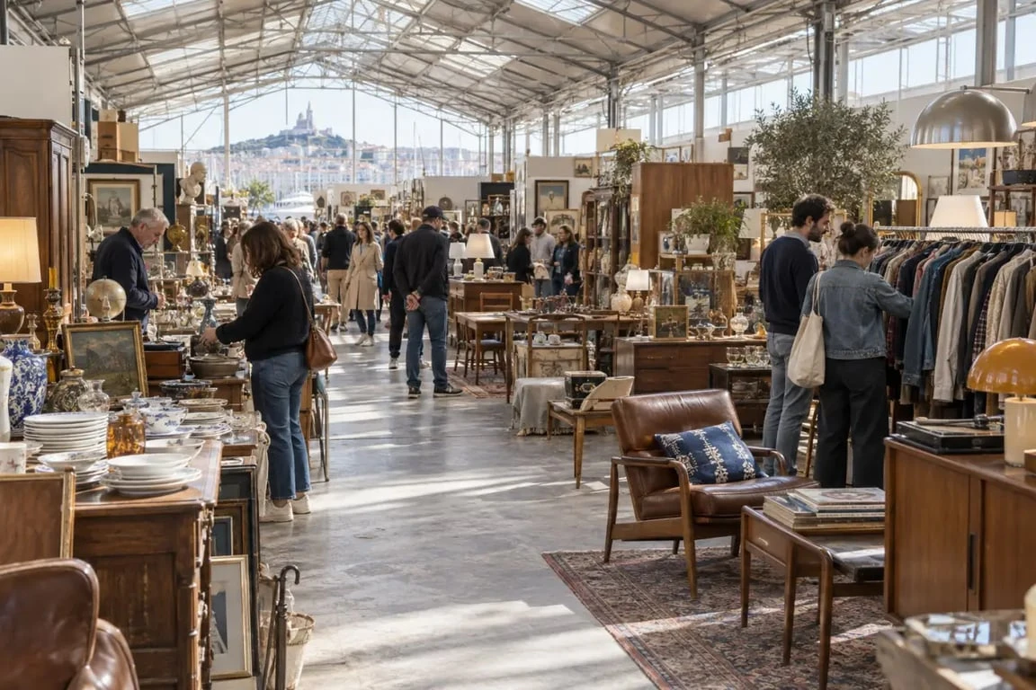 Marché aux puces Cap Pinède à Marseille avec ses stands de brocante