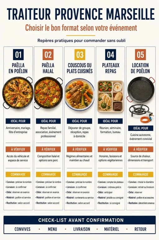Infographie des prestations d’un traiteur Provence Marseille : paëlla, couscous, plats cuisinés et livraison