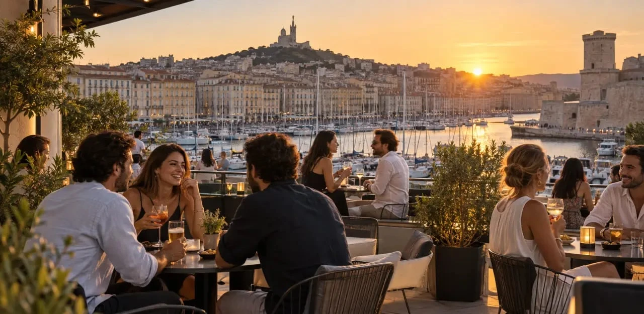 Bar in Marseille avec terrasse animée et vue sur le Vieux-Port au coucher du soleil