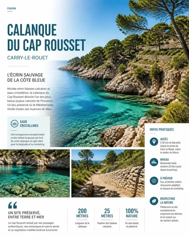 Vue panoramique de la calanque du Cap Rousset, un site naturel protégé au cœur de la réserve marine de la Côte Bleue.