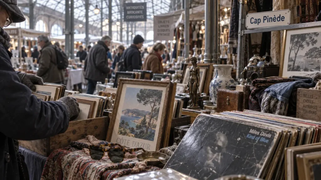 Marché aux puces cap pinède : étal de brocante et chineurs sous la verrière