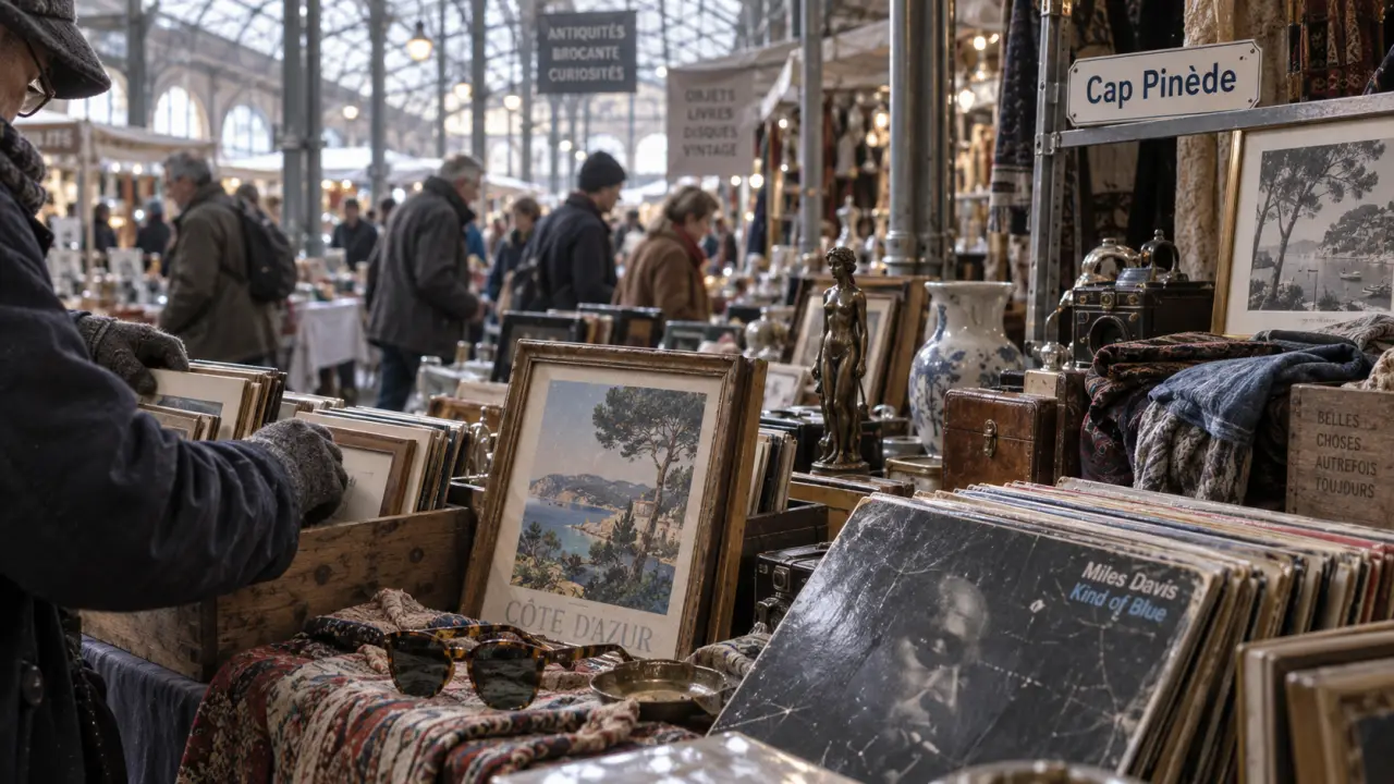 Marché aux puces cap pinède : étal de brocante et chineurs sous la verrière