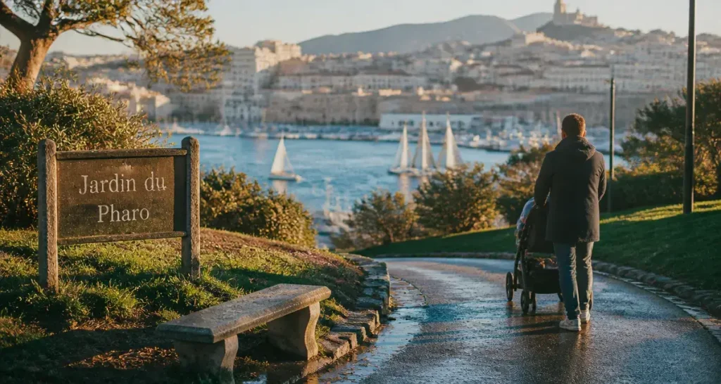 Parc à Marseille, Jardin du Pharo : vue Vieux-Port, promenade avec poussette