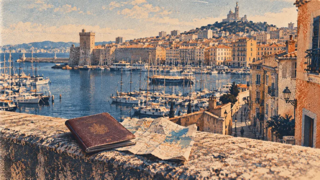 Que faire le 1er mai à Marseille : passeport sur une rambarde au Vieux-Port, vue du Panier