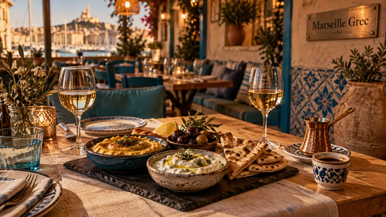 Restaurant grec à Marseille en intérieur : mezzes grecques et briki au café